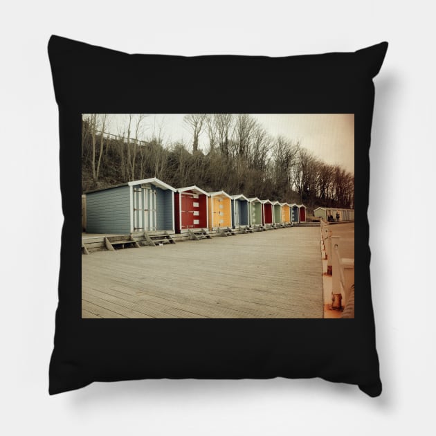 Beach huts in Colwell Bay Isle of Wight Pillow by fantastic-designs