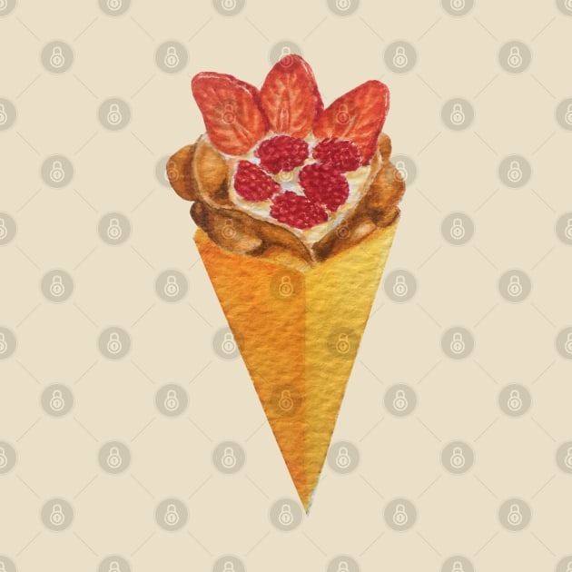 Bubble waffle ice cream cone with strawberries and raspberries watercolour painting by toffany's