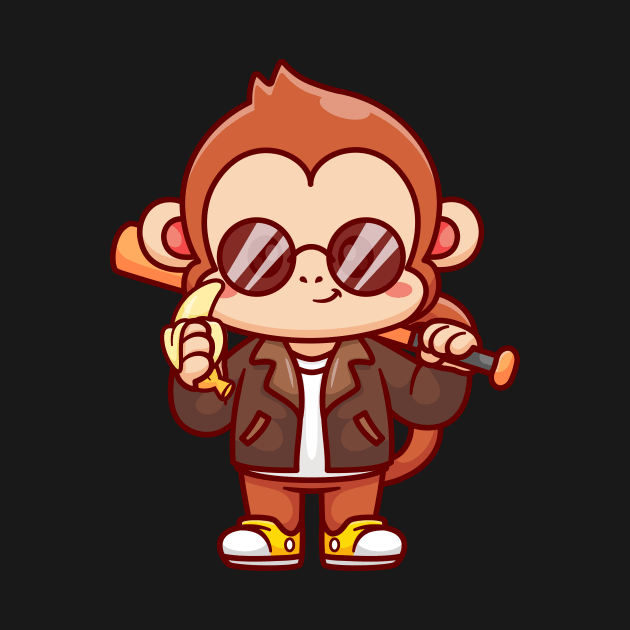 Cute Cool Monkey With Baseball Bat With Jacket And Banana Cartoon by Catalyst Labs