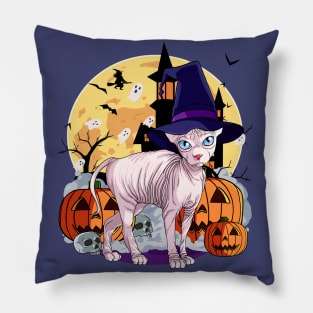 Sphynx Cat Funny Halloween Witch Pumpkin Pillow