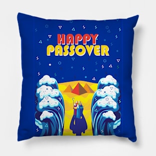 Passover Exodus from Egypt Hebrew: "Happy Passover!" Pesach Jewish Holiday poster. Moses parting the Red Sea, Israelites cross on dry ground. Poster Contemporary ART gifts idea Pillow