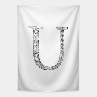 Henna Alphabet U / Henna Letter U - Black Henna Line Art Tapestry