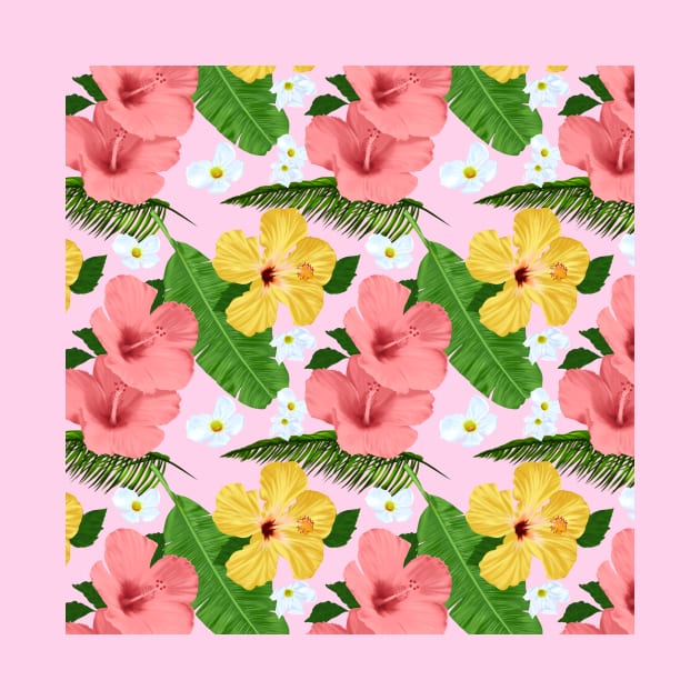Tropical Hibiscus and Palm Fronds in Pink by ChaneyAtelier