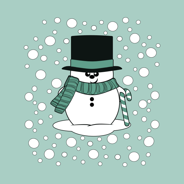 Cute Christmas snowman with a top hat, scarf and candy cane by Krimbles