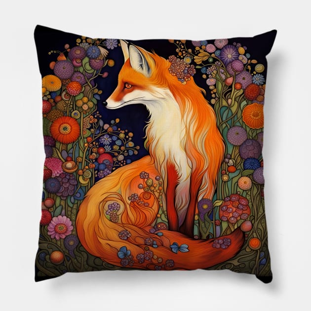 A Fox in the Flower Garden Pillow by LittleBean