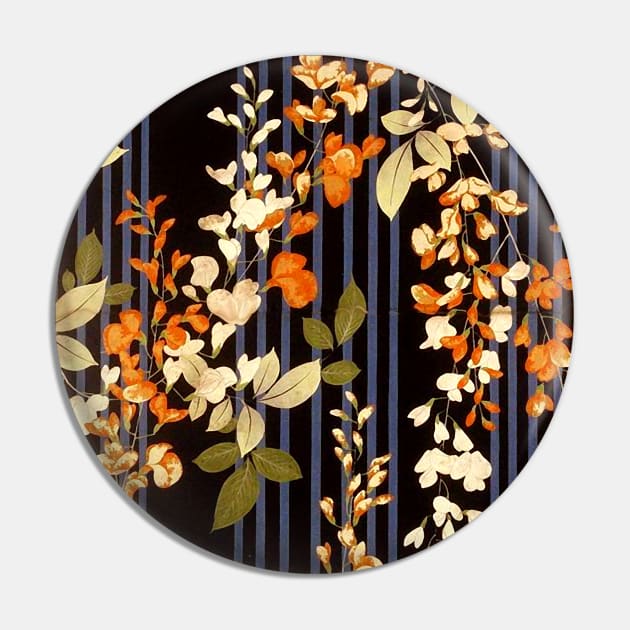 WHITE ORANGE FLOWERS AND BLUE BLACK STRIPES Antique Japanese Floral Pin by BulganLumini