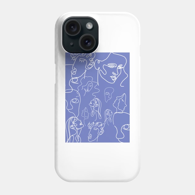 Blue One Line Art Faces Phone Case by Alexander S.