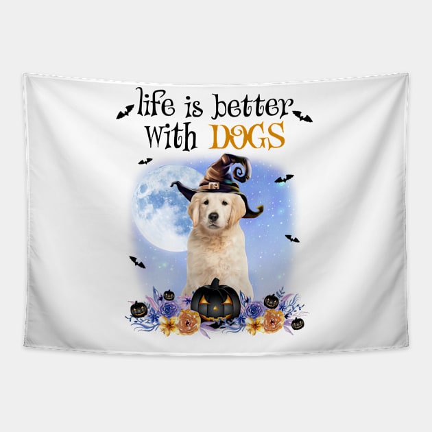 Golden Retriever Witch Hat Life Is Better With Dogs Halloween Tapestry by Marcelo Nimtz