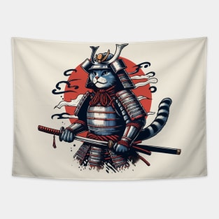 Cute Retro Cat Samurai Portrait Ninja Japan Art Tapestry