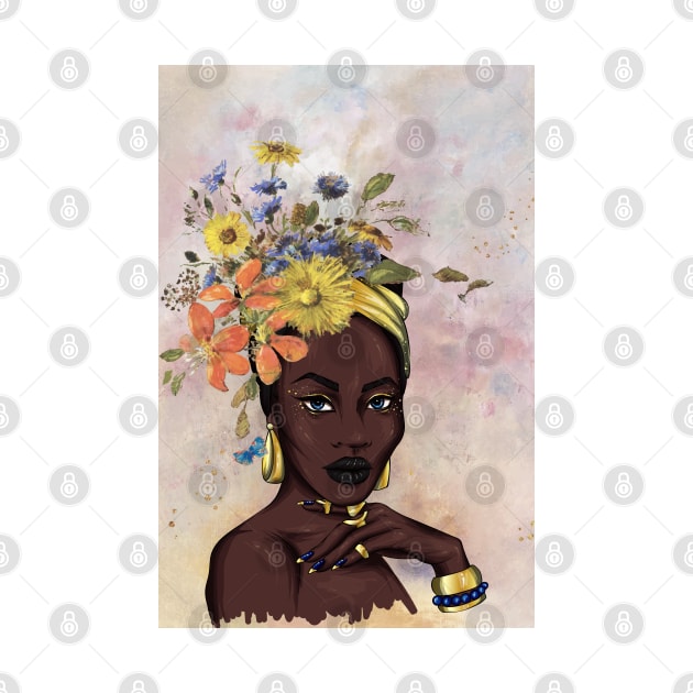 A beautiful black african woman with blooming flowers on head modern art painting female blue eyes by Modern Art