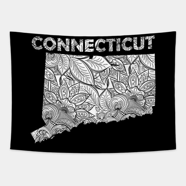 Mandala art map of Connecticut with text in white Tapestry by Happy Citizen