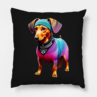 Cute Dachshund in Colorful Handmade Knitted Clothes and Headband Pillow