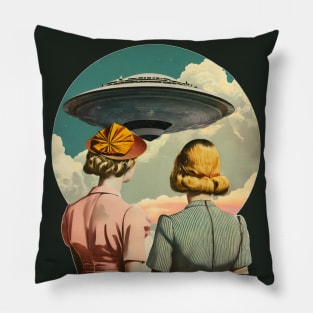 Retro UFO Sighting Collage Artwork Pillow