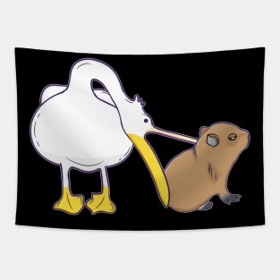 Pelican Tries to Eat Capybara Funny Cute Kawaii Meme Tapestry