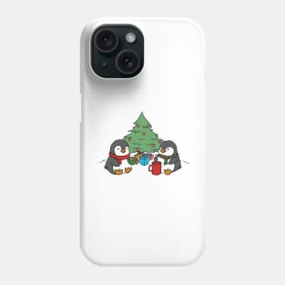 Christmas Penguins Enjoying Hot Cocoa with Christmas Tree v2 Phone Case