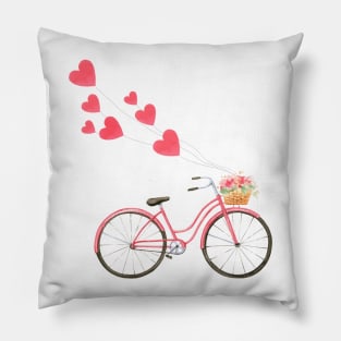 Watercolor Pink Bicycle Balloon Hearts Flower Basket Pillow