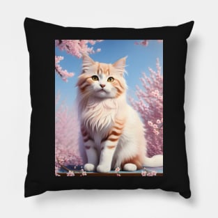 Cat in a cherry blossom tree - Modern digital art Pillow