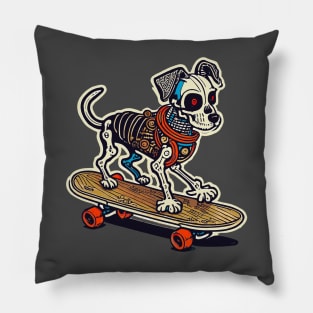 Skeleton dog on a skateboard Pillow