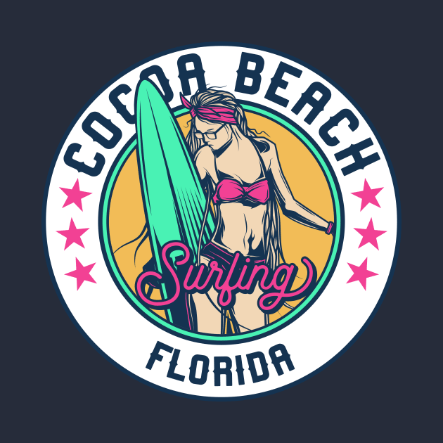 Retro Surfer Babe Badge Cocoa Beach Florida by Now Boarding