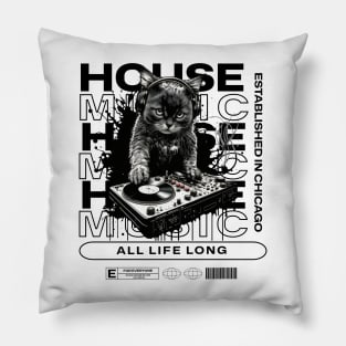 HOUSE MUSIC  - Cat Dj Text Overlap (Black) Pillow