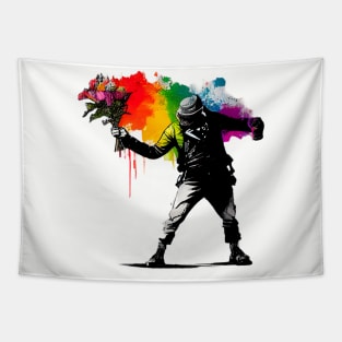 Captivating Banksy-Inspired Artwork: Man Flowers colorful Tapestry