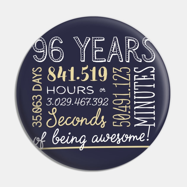 96th Birthday Gifts - 96 Years of being Awesome in Hours & Seconds Pin by BetterManufaktur