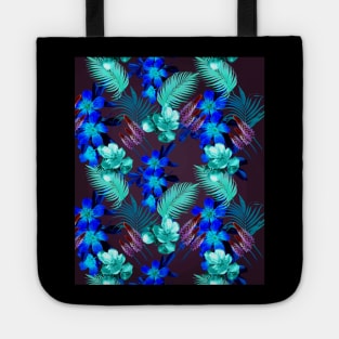 Palm Leaves And Flowers, Blue Purple Tote