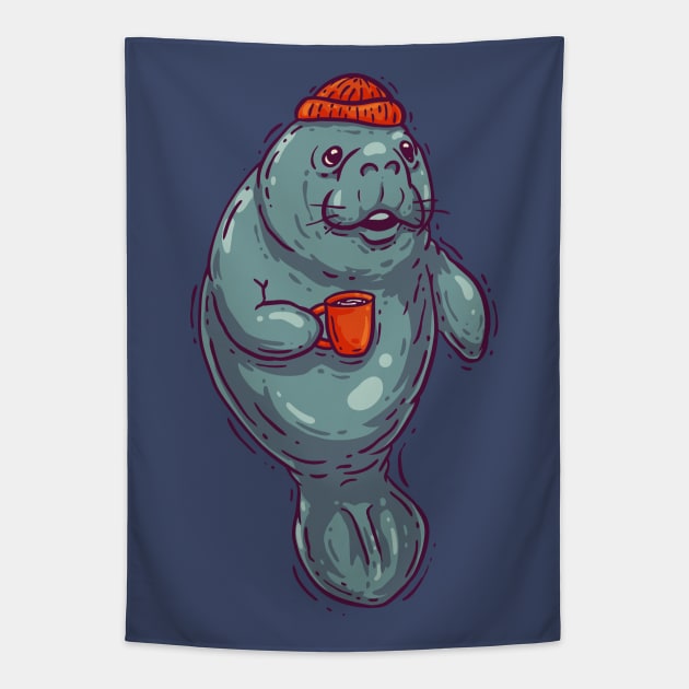 Manatee drinking Tea - Chubby Mermaid Tapestry by anycolordesigns