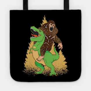 Bigfoot riding T-Rex Dinosaur funny graphic, believe in Sasquatch camping lover cartoon, Men Women Tote