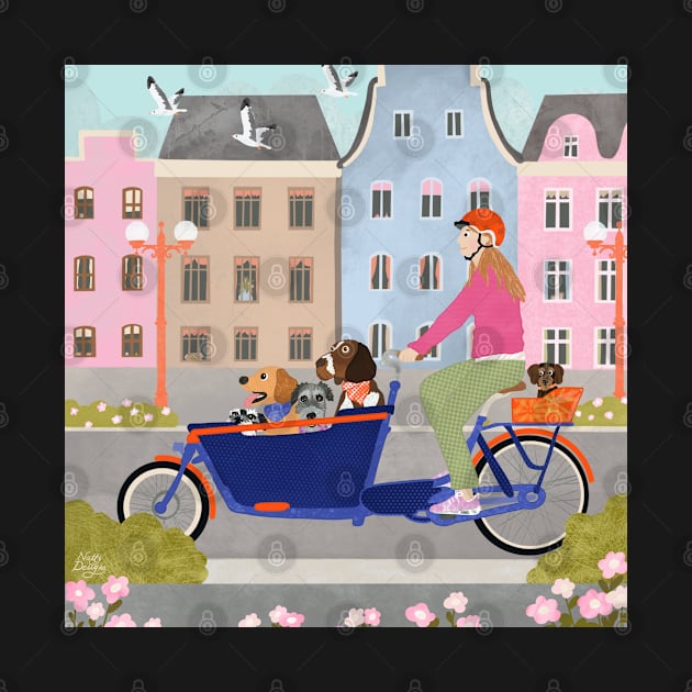 Lady pedalling a cargo bike full of dogs on Dutch street by NattyDesigns