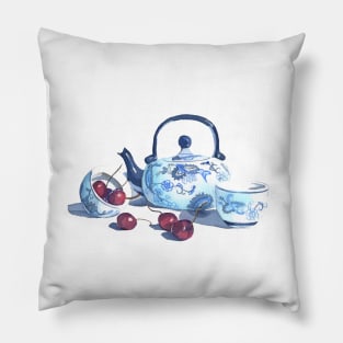 Chinese teapot with cherries - watercolors Pillow