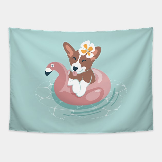 Summer pool pawty // aqua background welsh corgi dog breed in vacation playing on swimming pool Tapestry by SelmaCardoso