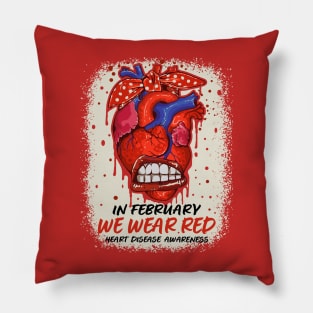 In February We Wear Red Heart Disease Awareness Ribbon Pillow