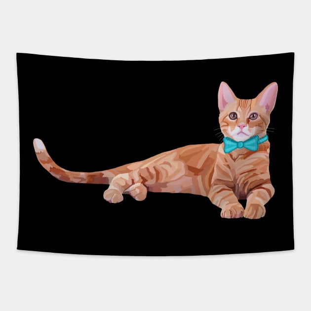 Ginger Cat with Teal Bow Tie Tapestry by Art by Deborah Camp