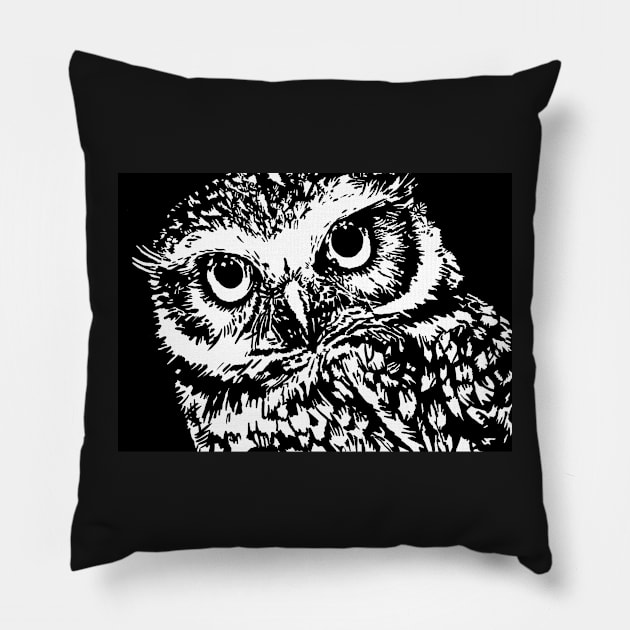 Midnight Owl Black and White  Linoprint Pillow by NattyDesigns