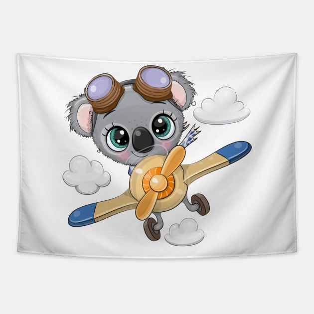 Cute koala pilot on a plane Tapestry by Reginast777