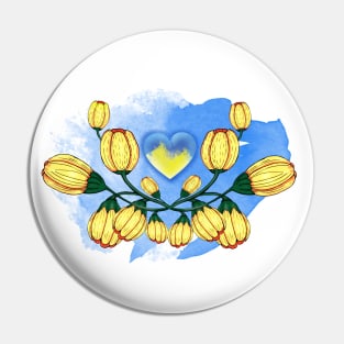 Yellow tulips and yellow-blue heart. Ukraine Pin