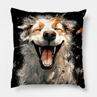 Pawsome: Happy Dog Smiles on a Dark Background Pillow