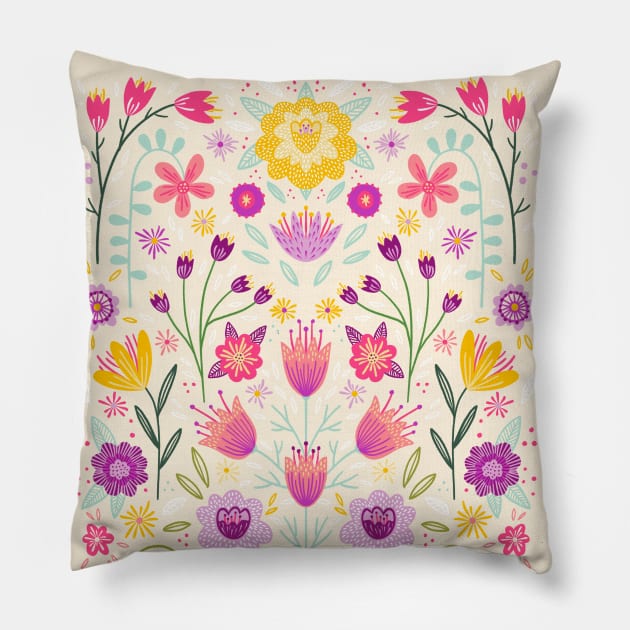 Bright Floral Symmetry Pillow by NicSquirrell