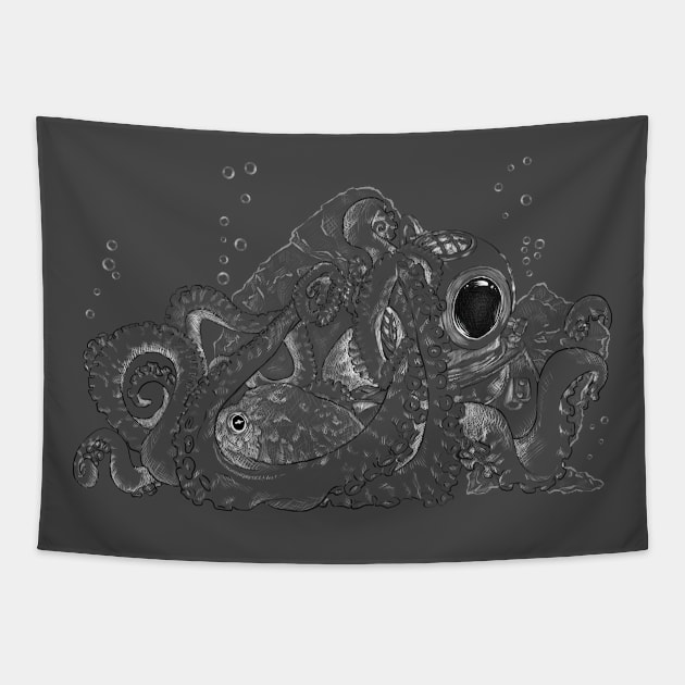 Octopus and Antique Helmet, black and white Tapestry by SuspendedDreams