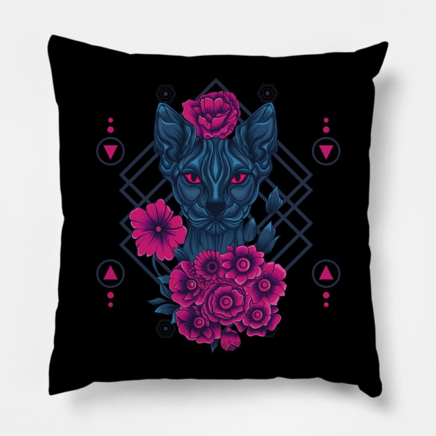 Floral Cat Sacred Geometry Pillow by Marciano Graphic