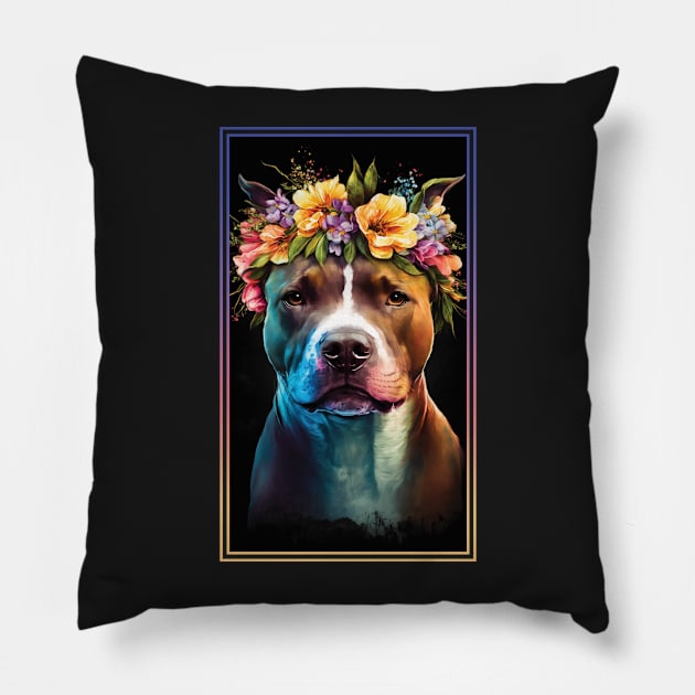 American Staffordshire Terrier Pitbull Vibrant Tropical Flower Tall Digital Oil Painting Portrait  9 Pillow by ArtHouseFlunky