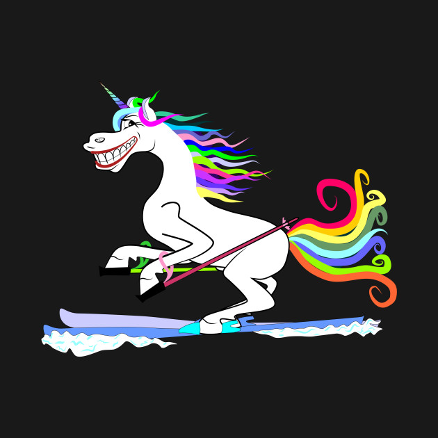 Unicorn funny skiing through the snow with colorful mane and tail