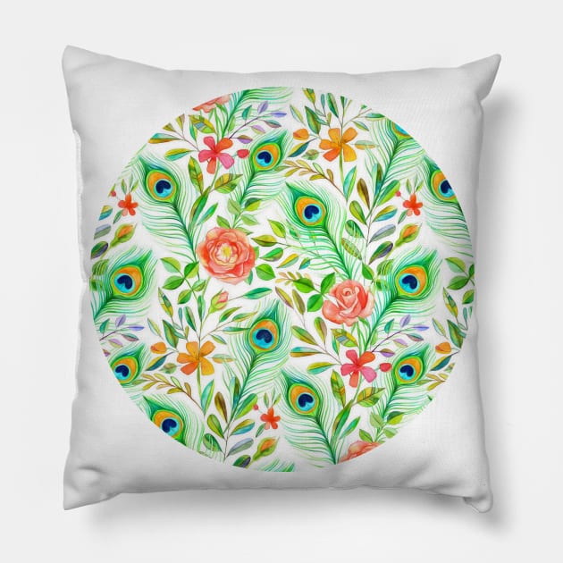 Peacock Feather Posies on white Pillow by micklyn