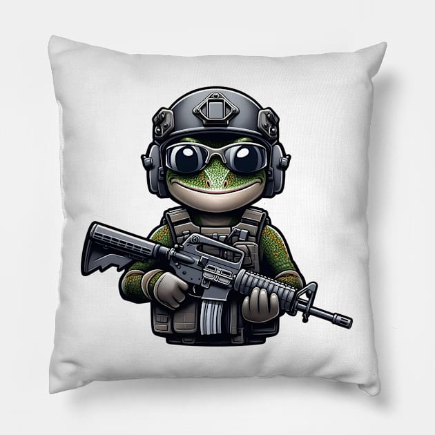 Tactical Gecko Pillow by Rawlifegraphic