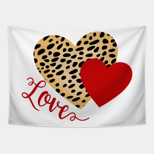 Red and Cheetah Pattern Hearts with Love Text Tapestry by RageRabbit