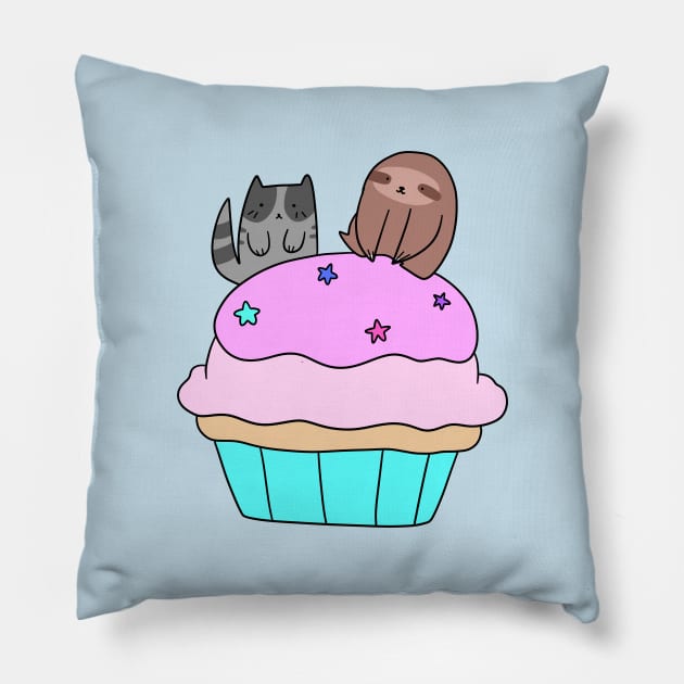 Cupcake Blue Tabby Cat and Sloth Pillow by saradaboru