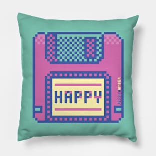 Happy Geek Pink Retro Floppy Disk Pixel Art Pillow