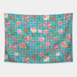 Floral Blue with Geometrics Tapestry