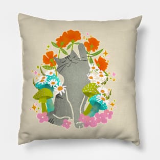 Gray Cat Mushroom and Flower Design: Enchanting Feline Flora Pillow